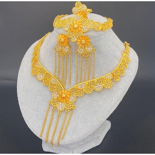 Ethiopian Dubai Jewelry Sets for Women Necklace Bracelet Earrings Ring African Gold Color Collar Nigerian Habesha Wedding Gifts