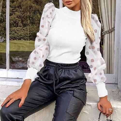 Ele-choices 4 Colors Women Autumn Winter Polka Dot Long Mesh Puff Sleeve Ribbed Sweater Bottoming Shirt