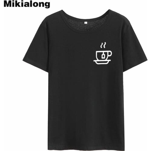 Mikialong Pocket Coffee Tshirt Women 2018 Summer Short Sleeve T-Shirt Kawaii Black White Cotton Tee Shirt Femme Casual Tops