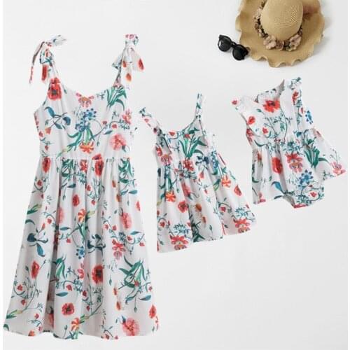 Mother Daughter Dress Family Matching Clothes Summer Sleeveless Vest Flower Print Mom and Me Look Baby Girls Romper Women Dress