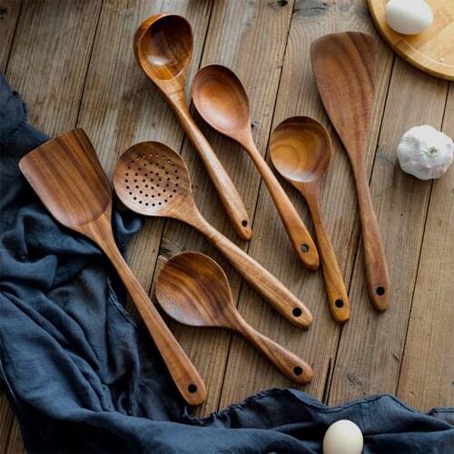 Cooking Wooden Spatula Reusable Long-Handled High Temperature Large Soup Spoon Wood Nonstick Cookware Kitchen Utensils Set Tools