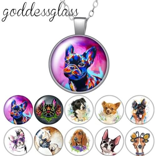 Lovely Dog shepherd dog Bulldog Cute animals Round Glass glass cabochon silver plated/Crystal pendant necklace jewelry for Gift