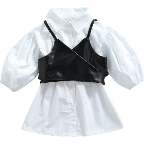 New Toddler Girl 2Pcs Fall Outfits, Long Sleeve Button Down Lapel Dress + Tie Up Wrap Camisole Set