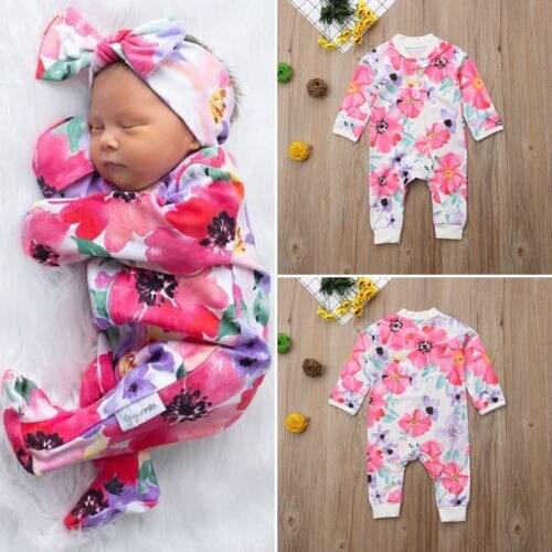 Autumn Newborn Infant Baby Girl Floral Zipper Jumpsuit Outfits Clothes