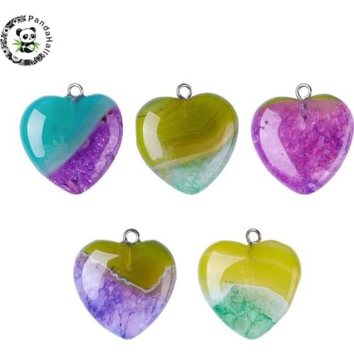 PANDAHALL 5pcs Dyed Natural Stone Necklace Pendants For Jewelry Making, Heart, Mixed Color, 21.5~23x20~20.5x6.5~7.5mm, Hole: 2mm