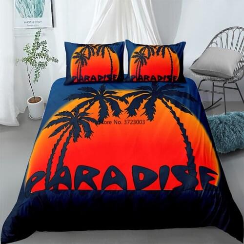Beautiful Ocean Coconut Tree Sunrise and Sunset Landscape Bedding Down Quilt Cover Pillowcase Single Double King Queen Size