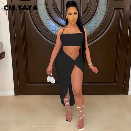 CM.YAYA Sexy Night Party Womens Set Beach Lace Up Halter Crop Tops and High Slit Side Irregular Maxi Skirts Matching Two Piece