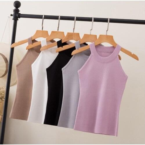 Summer Women Slim Knitting Halter Camisole Tops Female Bodycon Knitted Tanks Sleeveless Basic Solid T shirts 8017