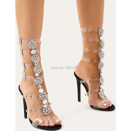 Hot sale sweet thin Heel wedding Shoes clear crystal High Heels Shoes diamond starppy Shoes Women pvc Gladiator Sandals