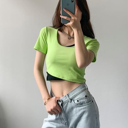 TVVOVVIN Sweet Fake Two Pieces Stitched T Shirt Womens Summer Short Navel Short Sleeve High Waist Slim Irregular Girl Tees G79A