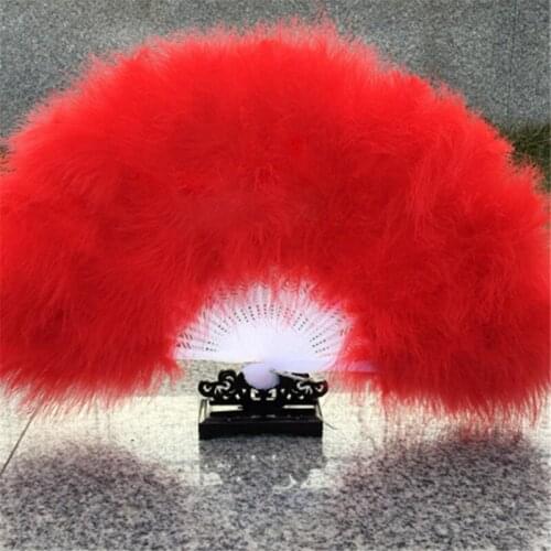 New red color thick fluffy folding velvet feather hand fan female girl dance fan party feather fan decoration