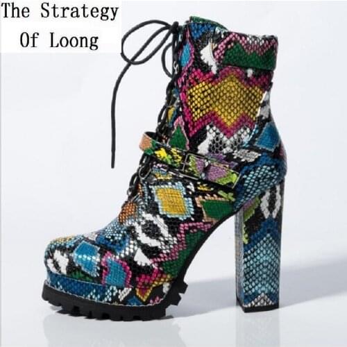 Spring Autumn Women Platform Lace-up Ankle Boots Winter Lady Green Snake Skin Print Metal Buckle Short Mix Colorful Boots 191113