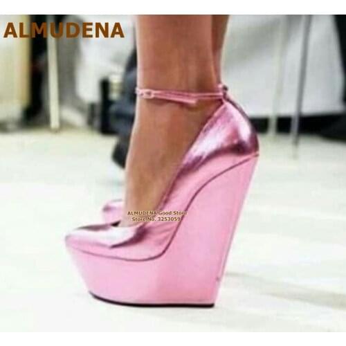 ALMUDENA Fluorescent Pink Sky High Wedged Dress Shoes Women Elegant Platform Banquet Pumps Ankle Buckle Strap Gladiator Footwear