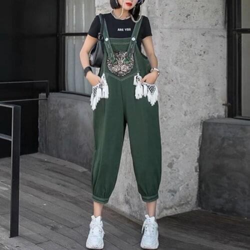 Summer Fashion Streetwear Womens Rompers 2021 Cartoon Sequins Tassels Loose Casual Oversized Cargo Pants Female Clothes