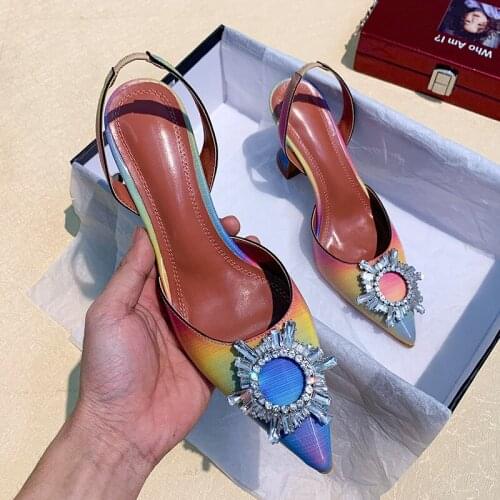 Women Lady silver rainbow Rhinestone Crystal High Heels Shoes Slingback Pumps bridal wedding Sandals SLIPPERS square heel