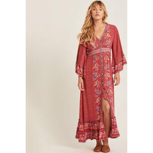 Boho Red Loose Maxi Dress Women 2020 3/4 Sleeve Vneck Vintage Chic Dresses Summer Clothes Beach Party Floral Hippie Long Dress