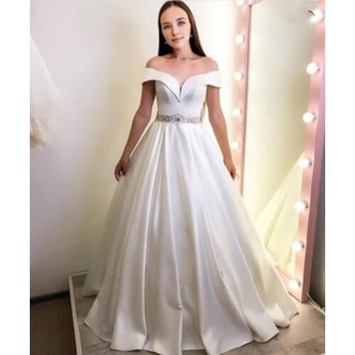 Wedding Dress 2021 a-line Cap Sleeve White Satin With Belt Floor Length Bridal Gowns Charming For Lady Bride To Be Zipper White