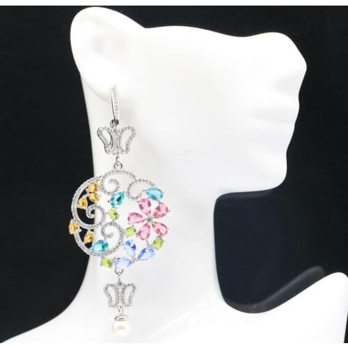 60x28mm Pretty Long Big Heavy Created London Blue Topaz Smoky White CZ For Ladies Fine Jewelry Daily Wear Silver Earrings