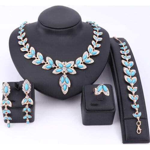 African Beads Jewelry Sets Wedding Gold Color Imitated Pearl Crystal Necklace Women Bridal Ring Bracelet Earrings Accessories