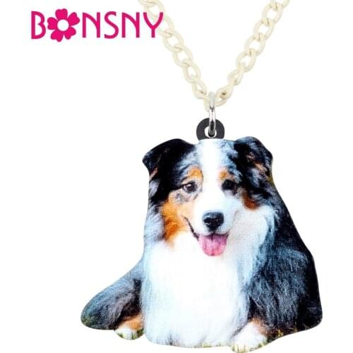 Bonsny Acrylic Happy Australian Shepherd Dog Necklace Pendant Long Chain Choker Animal Pets Jewelry For Women Girls Gift Bijoux