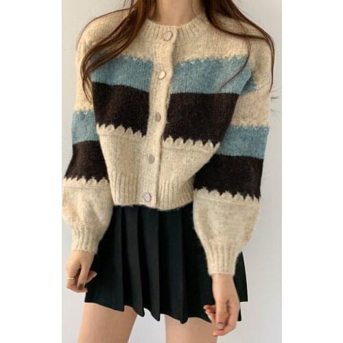 Colorfaith New 2021 Womens Autumn Winter Sweater Fashionable Elegant Short Striped Cardigans Vintage Pink Knitwear SWC1384JX