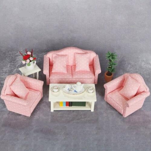 Wooden Mini Pink Upholstered Sofa and Cushion Furniture for 1/12 Dollhouse