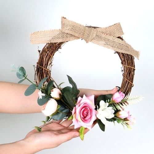 2Pcs/lot Rose Artificial Flower Wreath with Linen Bowknot Wedding Home Decorations Accessories Diy Hanging Wall Roses Wreath