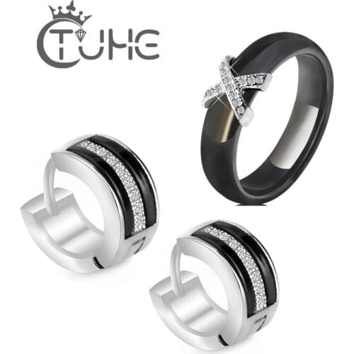 Elegant Black White Ceramic Gem Jewelry Set Fashion Women Jewelry Set Antique Crystal C Shape Earrings Rings Female Gift
