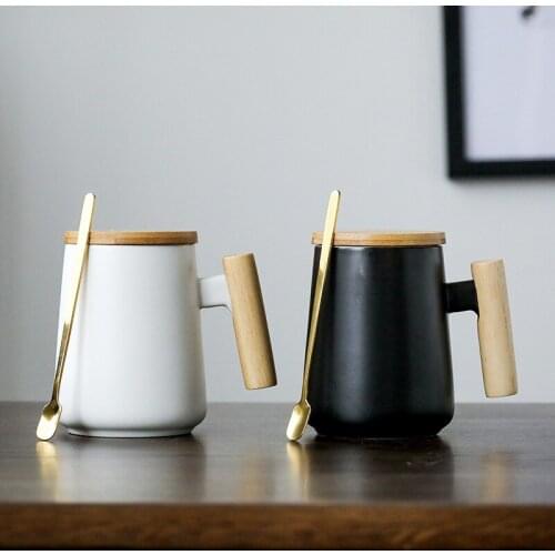 Large capacity wooden handle mug with spoon lid,Milk Juice Lemon Mug Coffee Tea Cup Home Office Drinkware Valentines Day Gift