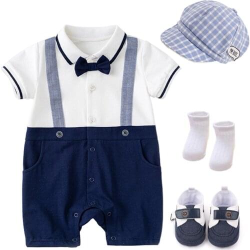 Summer Baby Boy Clothes Short Sleeve Romper Suit Hat Shoes Cotton Newborn Kids Sets 4 PCS Children Outfit First Birthday Clothes