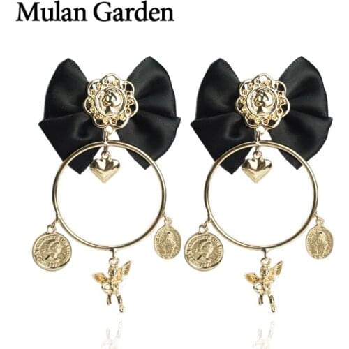 M&G Gold Angel Pendant Gothic Vintage Earrings for Women Gold Heart Head Portrait Pendant Dangle Earrings Jewelry