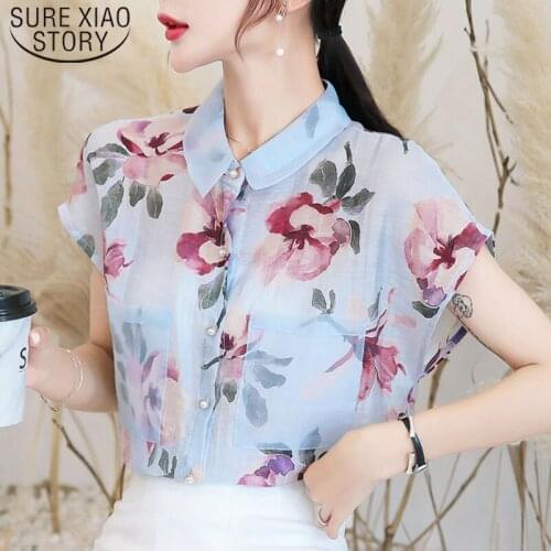 Fashion Casual Summer Women Chiffon Blouses Short Sleeve Turn-down Collar Women Clothing Floral Women Chiffon Tops 5101 50