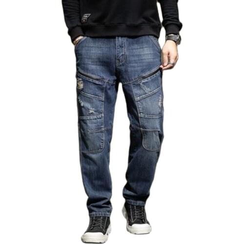 Spring autumn European style jeans mens straight tube splicing oblique insert pocket denim