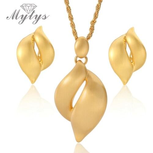 Mytys Yellow Gold Color Metal Jewelry Sets Earrings and Pendant Necklace Sets Fashion Women Evening Party Accessories CN182