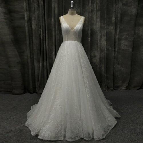 Real Image Glitter Bridal Reception Dress Sexy Sheer Top Backless Sleeveless A Line Cheap High Quality Wedding Gown