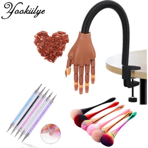 Nail Art Practice Hand with 100pcs Acrylic Nail Tips 5pcs Drill Pen Dust Brush Adjustable Model DIY Manicure Scissors Tools