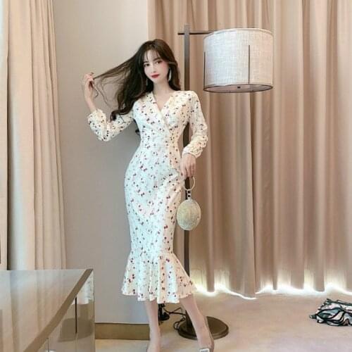 Autumn Vintage Style Dress Woman Print Fashion Trumpet Dresses Evening Party V-neck New Ladies Long Sleeve Female Clothes