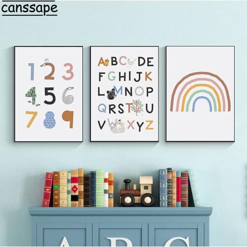 ABC Poster Alphabet Number Posters And Prints Rainbow Canvas Print Baby Nursery Wall Art Educational Painting Decorative Picture