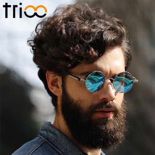 TRIOO Polarized Sun Glasses For Men Driving Steampunk Style Mens Sunglasses Retro Round Vintage Blue Mirror Lunette Quality