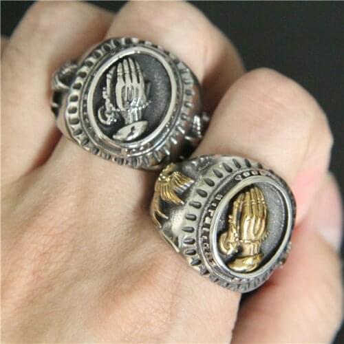 Drop Ship Saint Hands Ring 316L Stainless Steel Mens Fashion Silver Gold Praying Ring