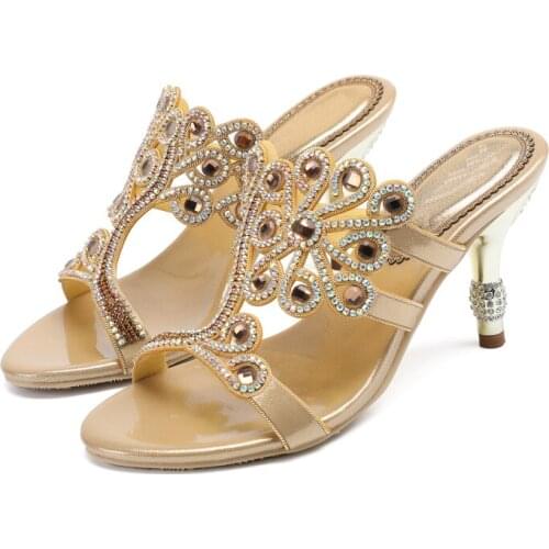 Womens Stilettos Slippers 8cm High Heel Slippers Summer New Diamond-encrusted Sandals Flowers Decorative Large Size Slippers