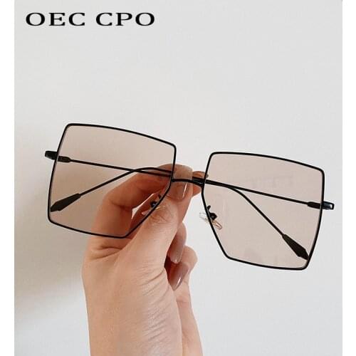 OEC CPO Oversized Square Sunglasses Women Fashion Transparent Shades Sunglasses Men Flat Top Alloy Eyewear UV400 Gafas de sol