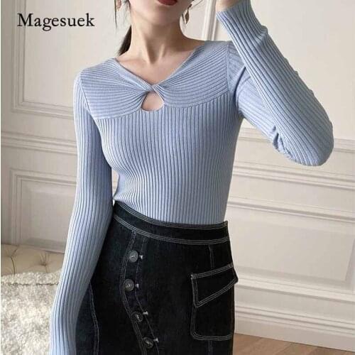 2020 Autumn Slim Solid Wool Winter V-neck Sweater Women Sexy Knit Sweater Women Office Lady Chic Hollow Korean Clothes 10806