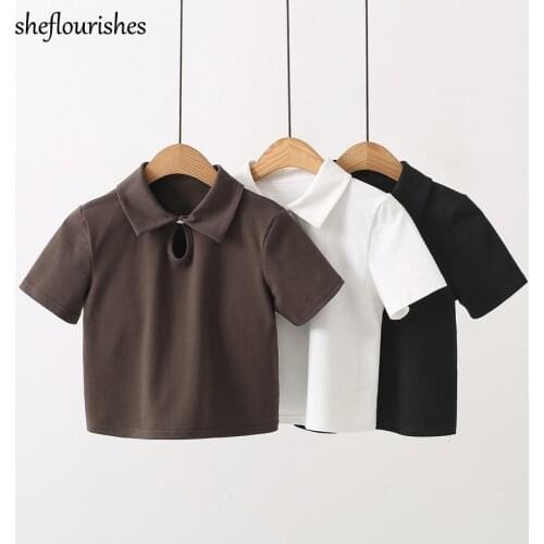 Vintage short sleeve tees korean summer t shirt women turn down collar polo shirts elegant white shirt solid cropped polo 2021