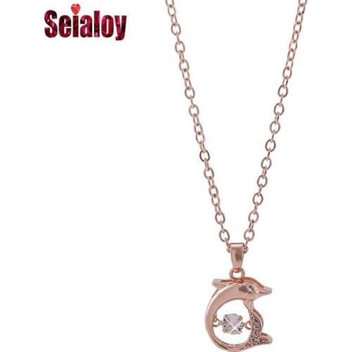 High-quality Stainless Steel Rose Gold Leaping Fish Pendant Necklace For Women Original Zircon Dolphin Charm Necklace Collar