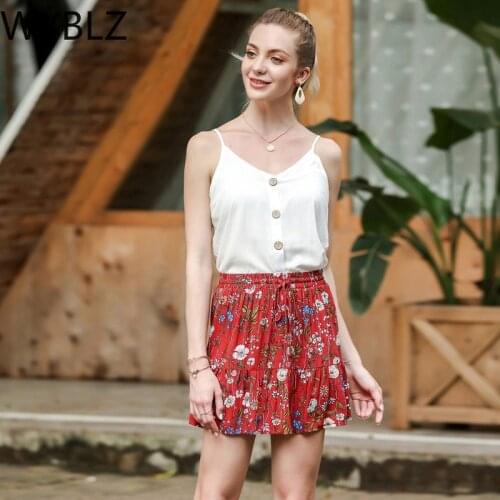 WYBLZ Vest Sling Top and Shorts Women 2 Pieces Set Summer Floral Print Cami Drawstring Shorts Female Loungewear Suit 2021
