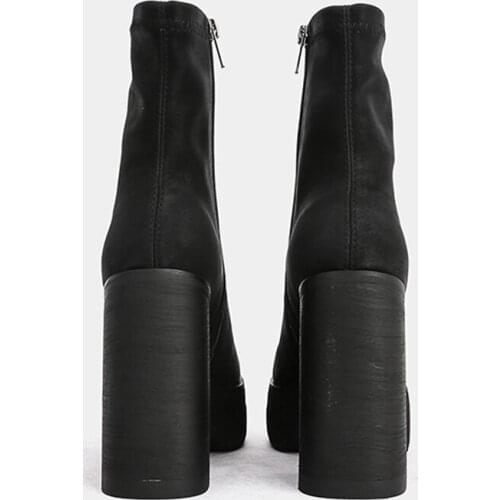 MUMANI Woman‘s Modern Boots Super High Heel Black Leather Retro Stretch Boots 12CM Square Heel Martin Boots Platform ANKLE Boots