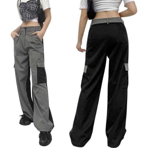 Womens Color Block Cargo Pants High Waist Wide Leg Street Long Pants with Pockets