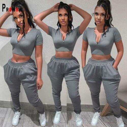 Prowow Women Fitness Clothing Set Zipper Tops Pant Two Piece Matching Suits 2021 New Summer Fall Gray Color Joggers Outfits