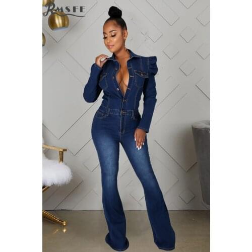 RMSFE 2021 Womens Long Sleeve Lapel Single Breasted Washing Water Fashion Casual Slim Jumpsuit Trumpet Jeans Jumpsuit